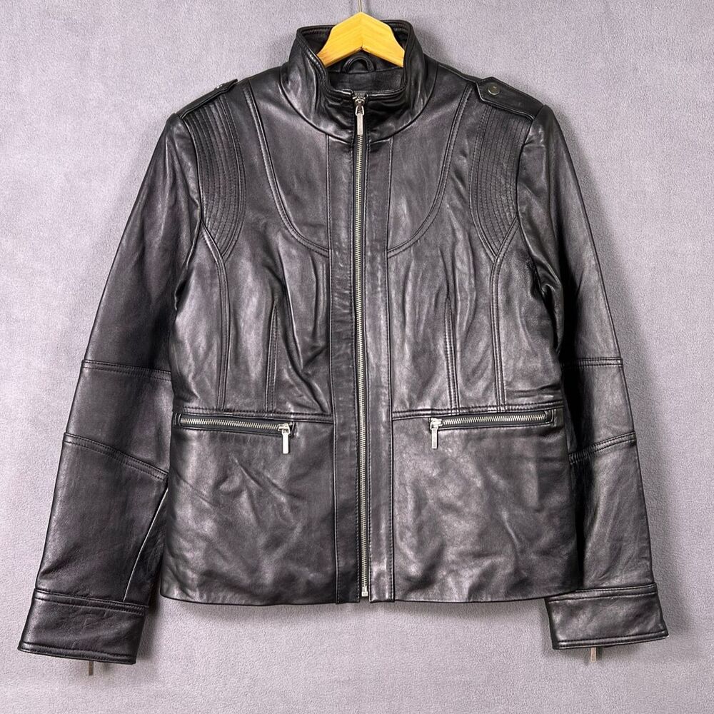 Kenneth Cole Reaction Black Leather Moto Bomber Jacket Ribbed Details Women L